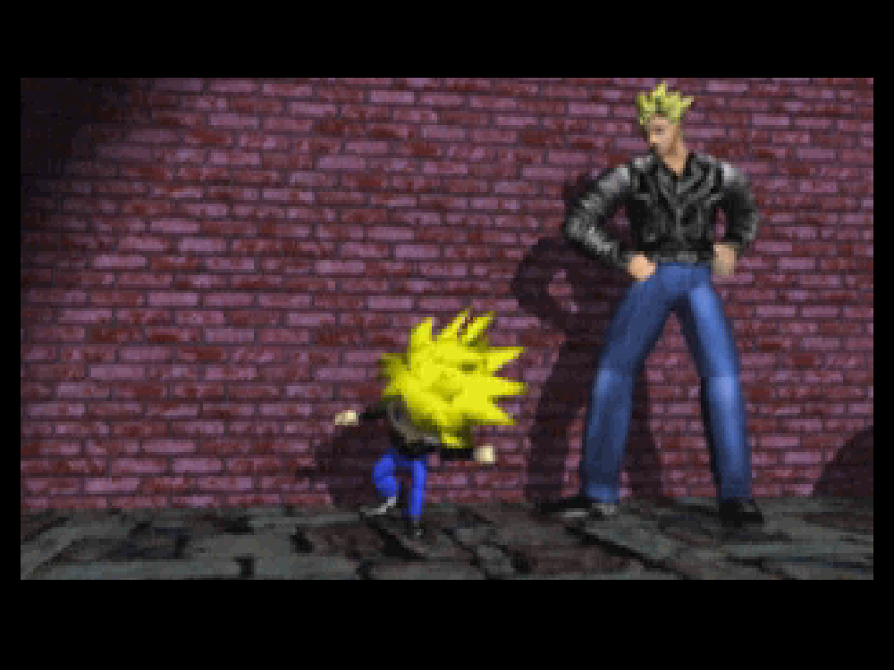 The opening FMV sequence depicting Jackie and his kid counterpart standing against a brick wall.