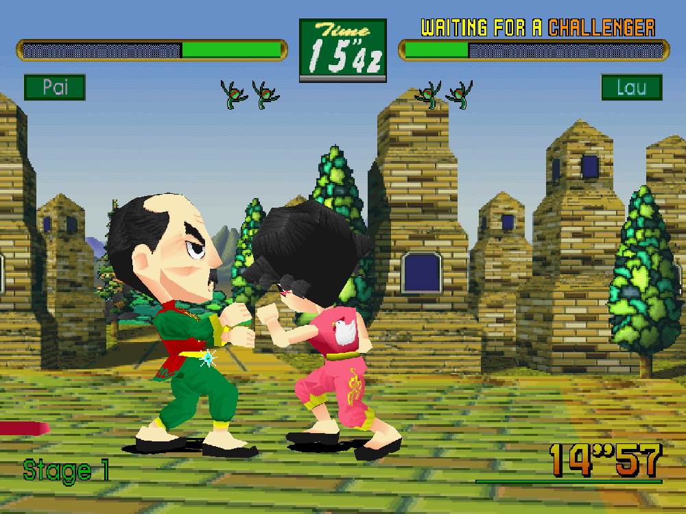 Pai and Lau fight in a temple themed arena.