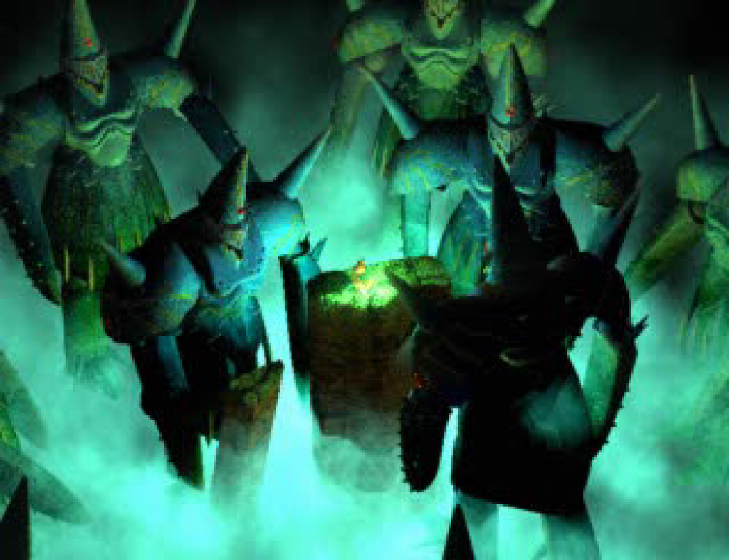 A full motion video within the game showing several golems approaching Justin on a platform.