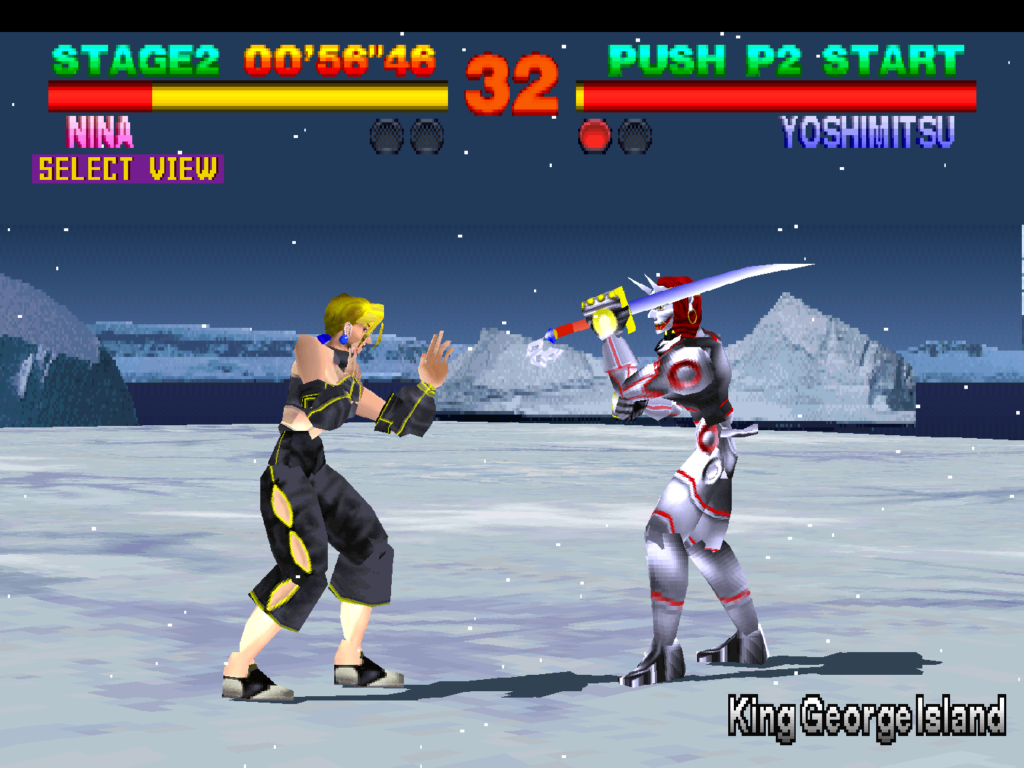 A fight on a snow based stage with glaciers in the background.