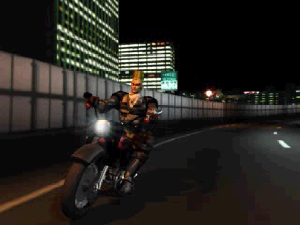The opening FMV sequence featuring a blonde spiky haired character riding a motorcycle.