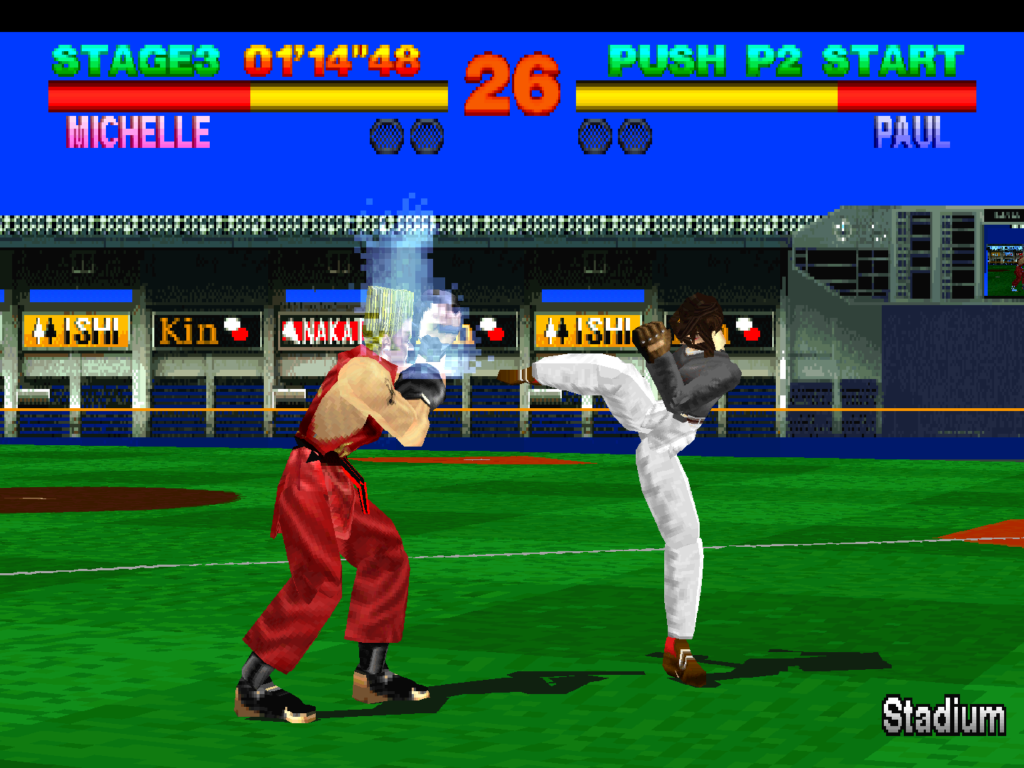 Two characters duke it out in a baseball stadium.