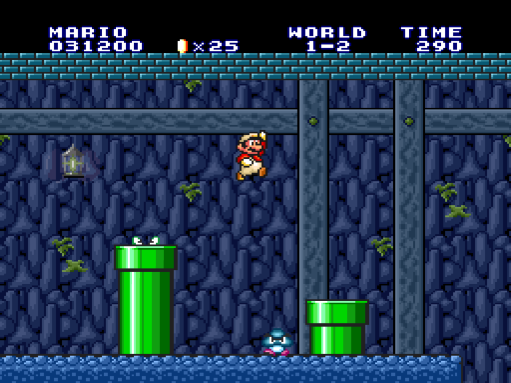 Fire Mario jumps across pipes in an underground area of the original Super Mario Bros.