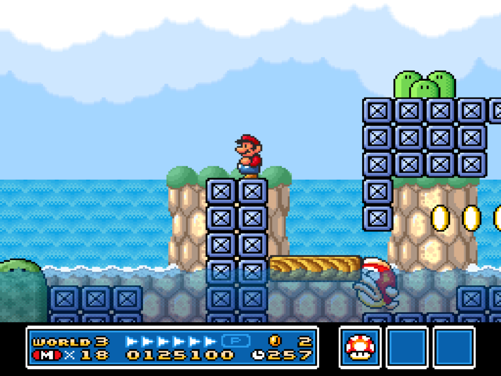 Mario is stalked by a giant fish in an aquatic stage in Super Mario Bros. 3.