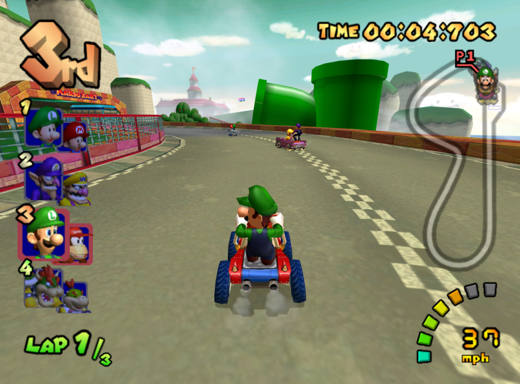 Luigi and Diddy Kong Race on a straightaway toward a series of pipes on the side of the track.