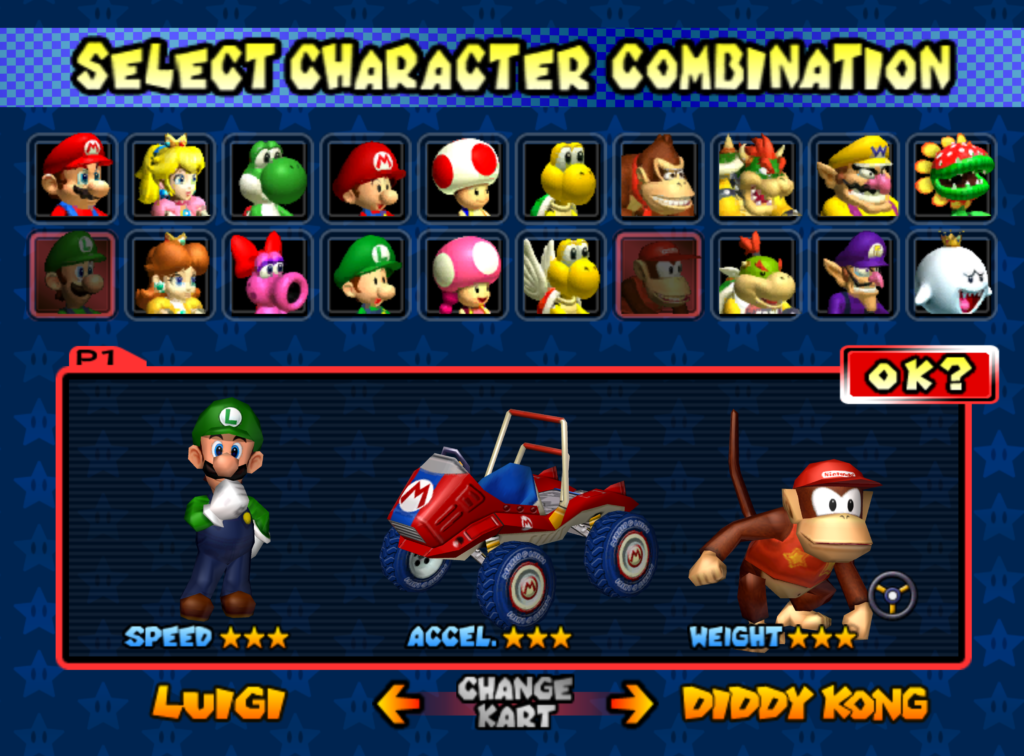 Character select screen in Mario Kart: Double Dash.