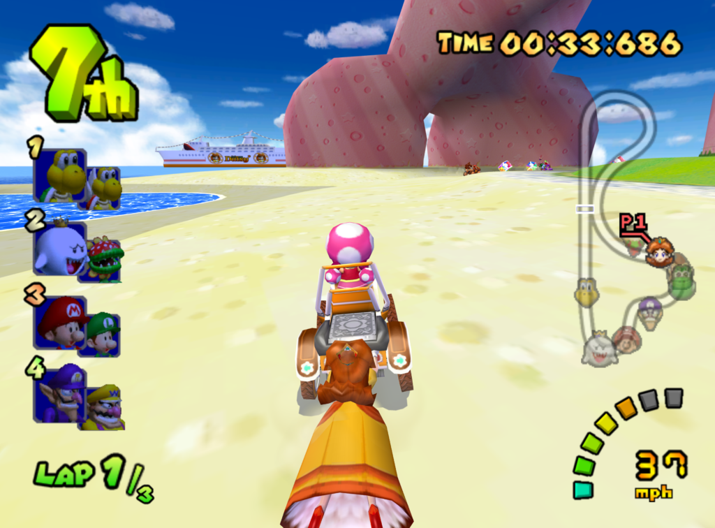 Daisy dangles from the back of the kart while she and Toadette compete on Peach Beach.