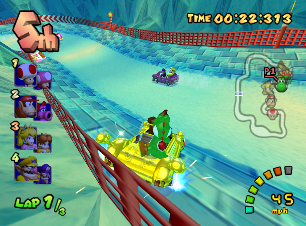 Yoshi and Donkey Kong power sliding around a corner.