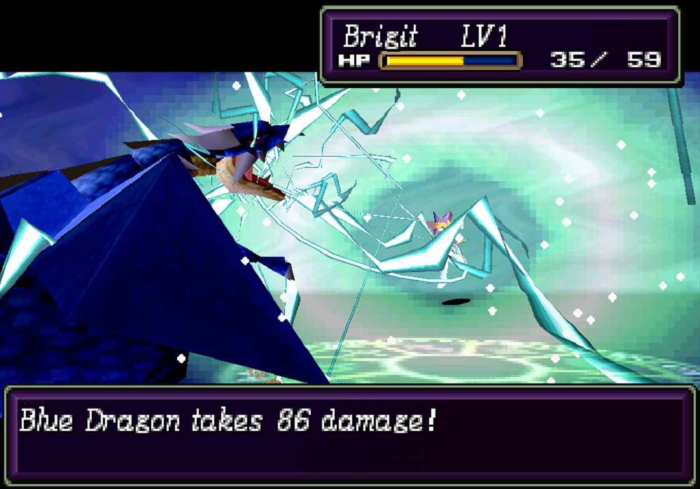 The character Brigit casts a lightning spell on a dragon during battle.