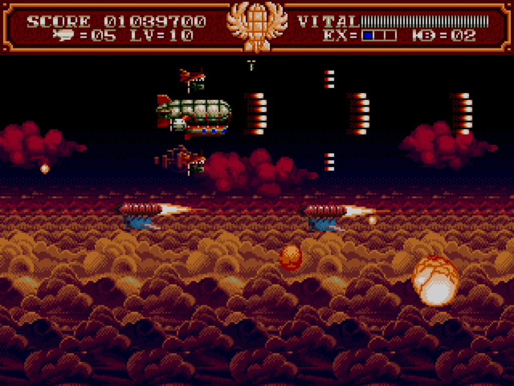 The zeppelin ship shoots down enemies with a sunset sky and clouds in the background.