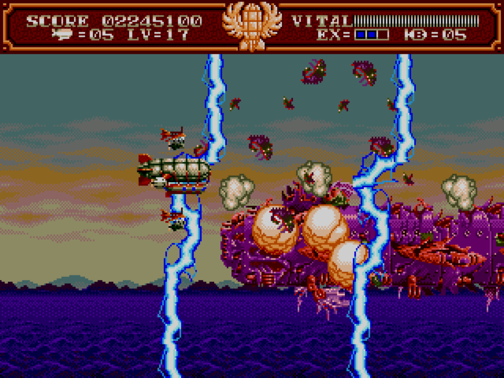 A sunset scene above the ocean with a bomb being used against the enemies.