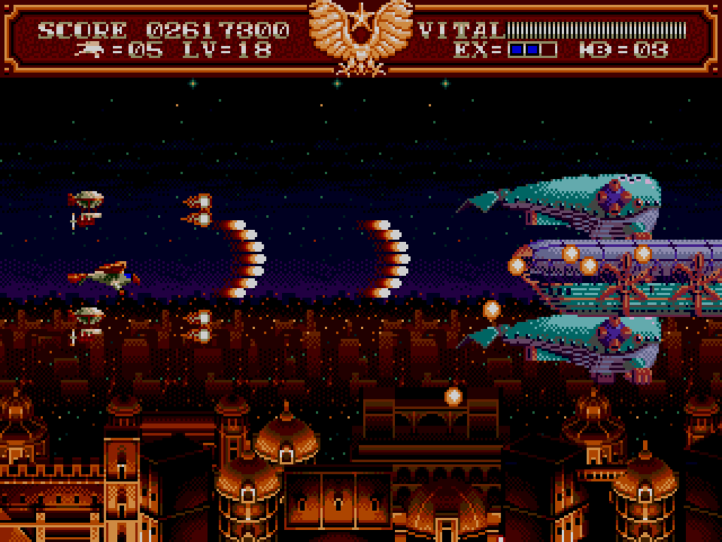 A nighttime stage above a city with the biplane fighting a boss.
