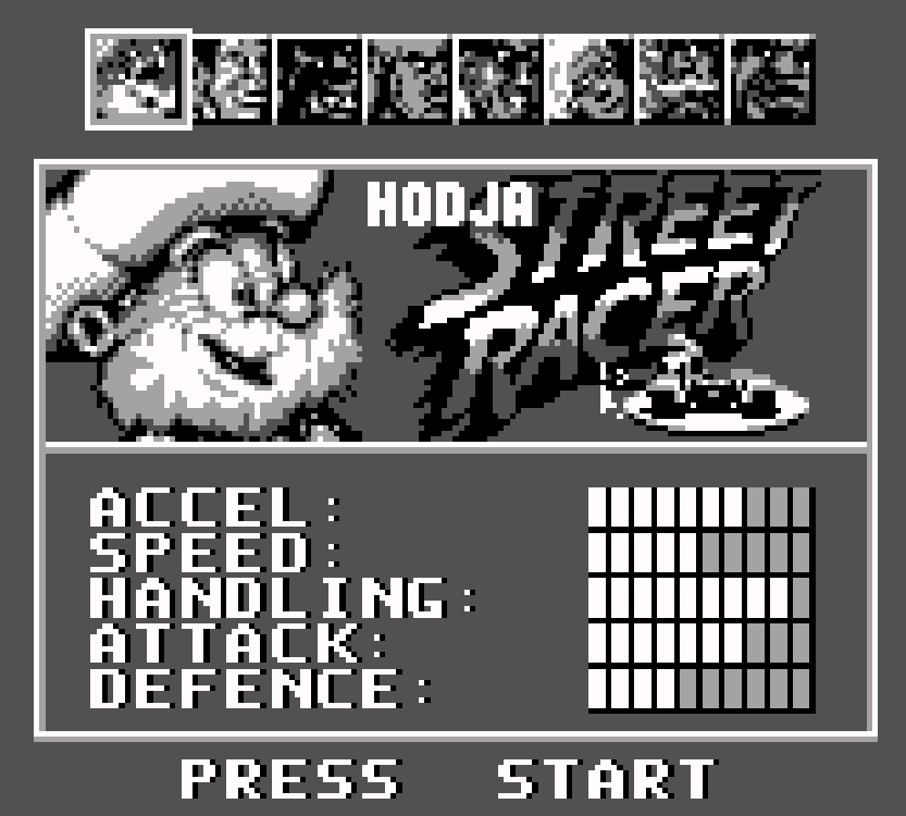 The character select screen depicting all eight racers.