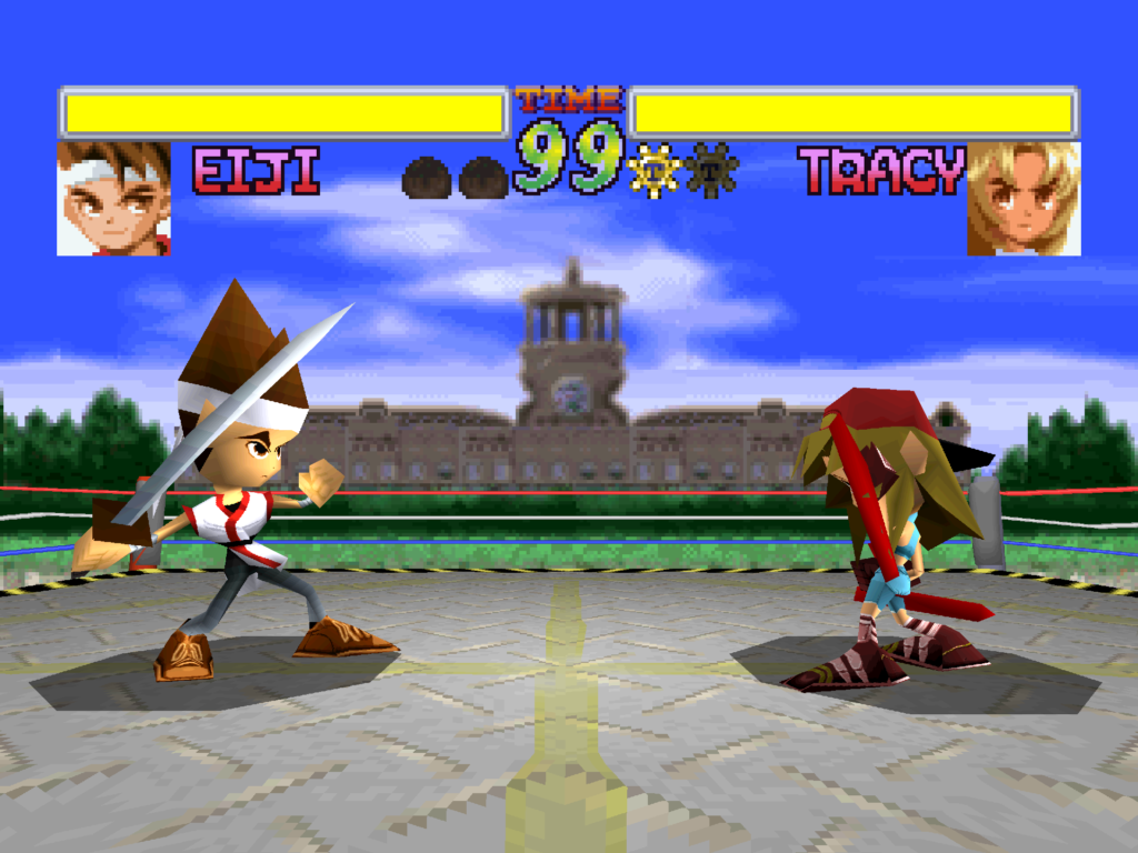 Two characters fight on a beach in Battle Arena Nitoshinden.