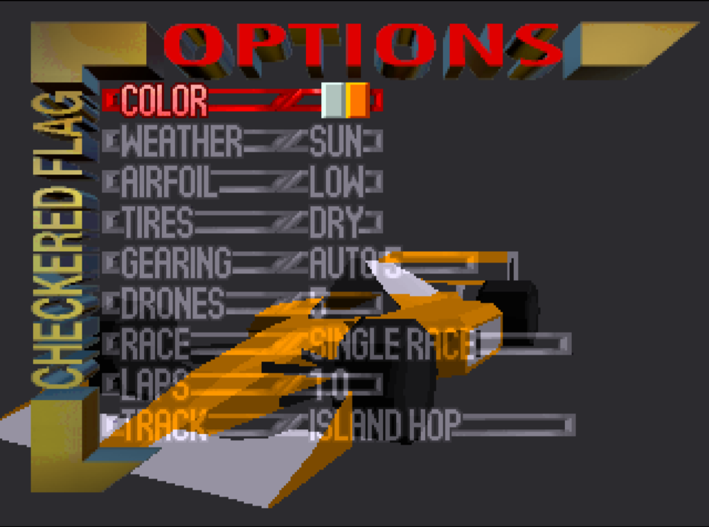 The options screen in Checkered Flag.
