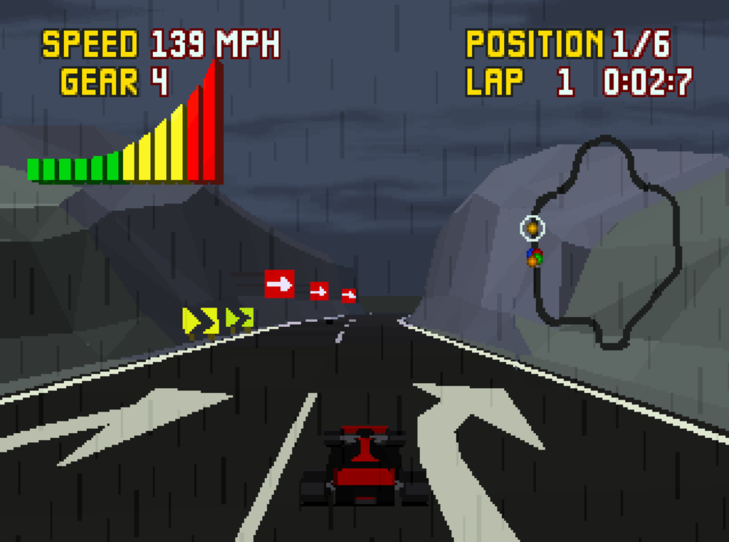 A red car races on a track on a rainy day.