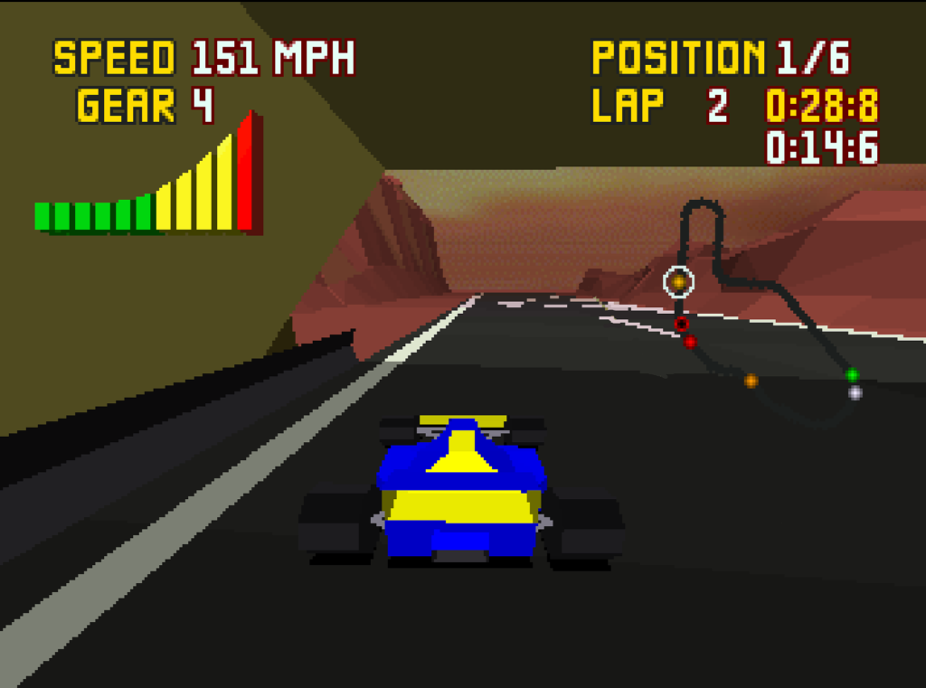 A sunset scene with the player controlling a blue and yellow car.