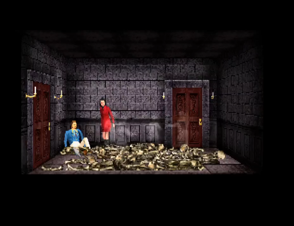 Two characters sit in a room with bones on the floor and ghosts dancing.