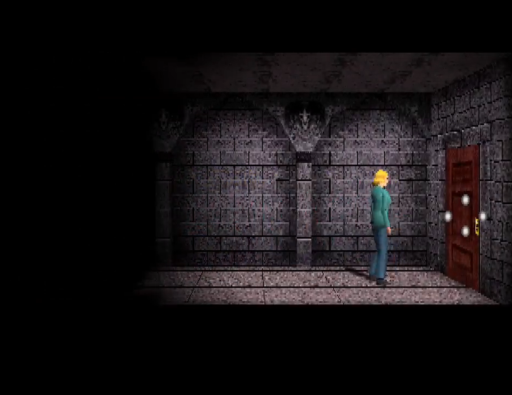 Helen approaches a door at the end of a dark hallway.