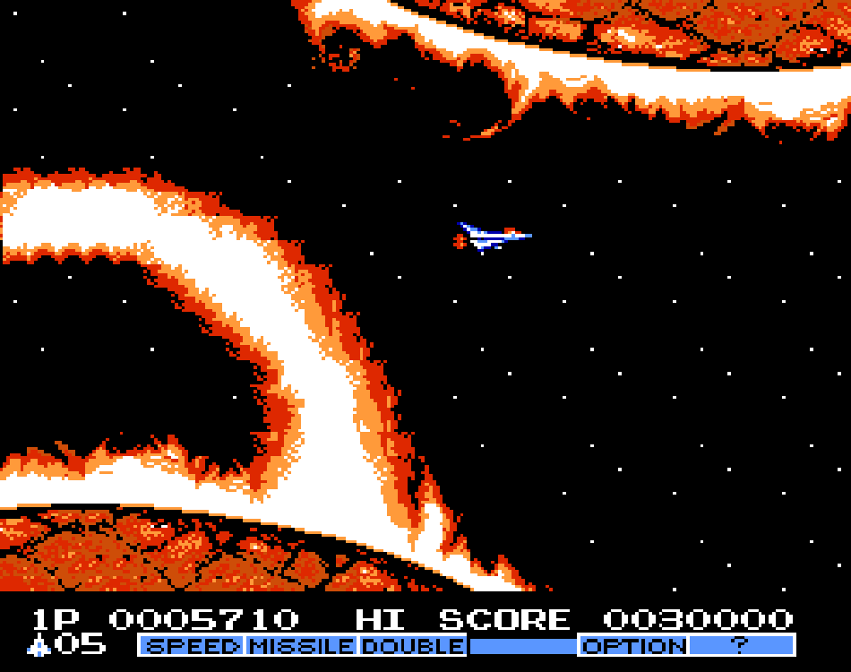 The Vic Viper flies between two suns during solar flares.
