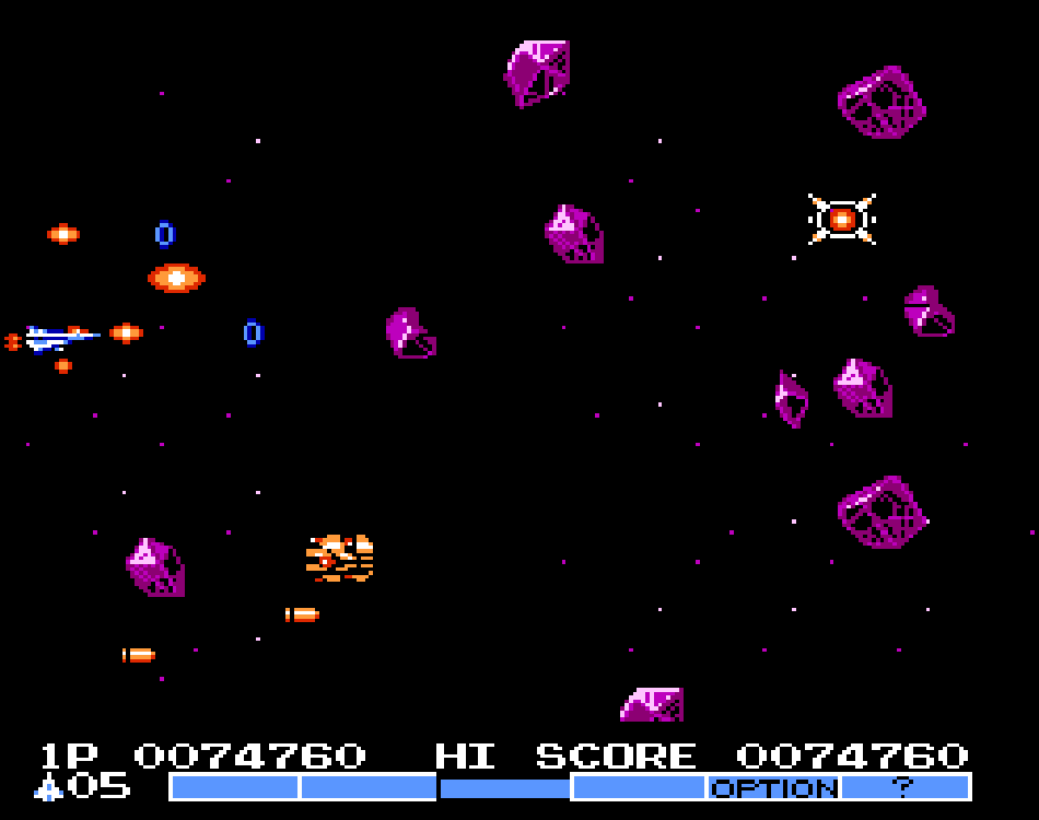 The Vic Viper flies through an area with purple meteorites.