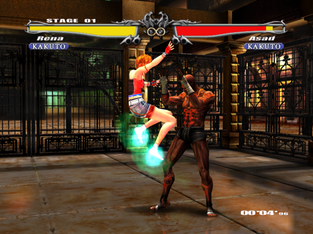 The player jumps in the air to perform a charged kick against the opponent.