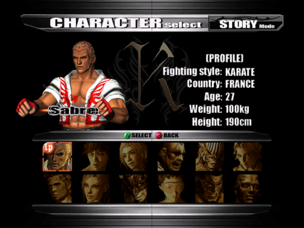 The character select screen depicting the full roster of fighters.