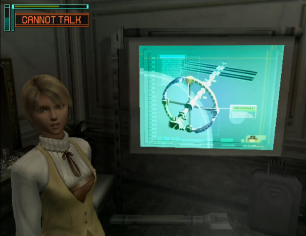Rio explains a diagram of the space station to the player.
