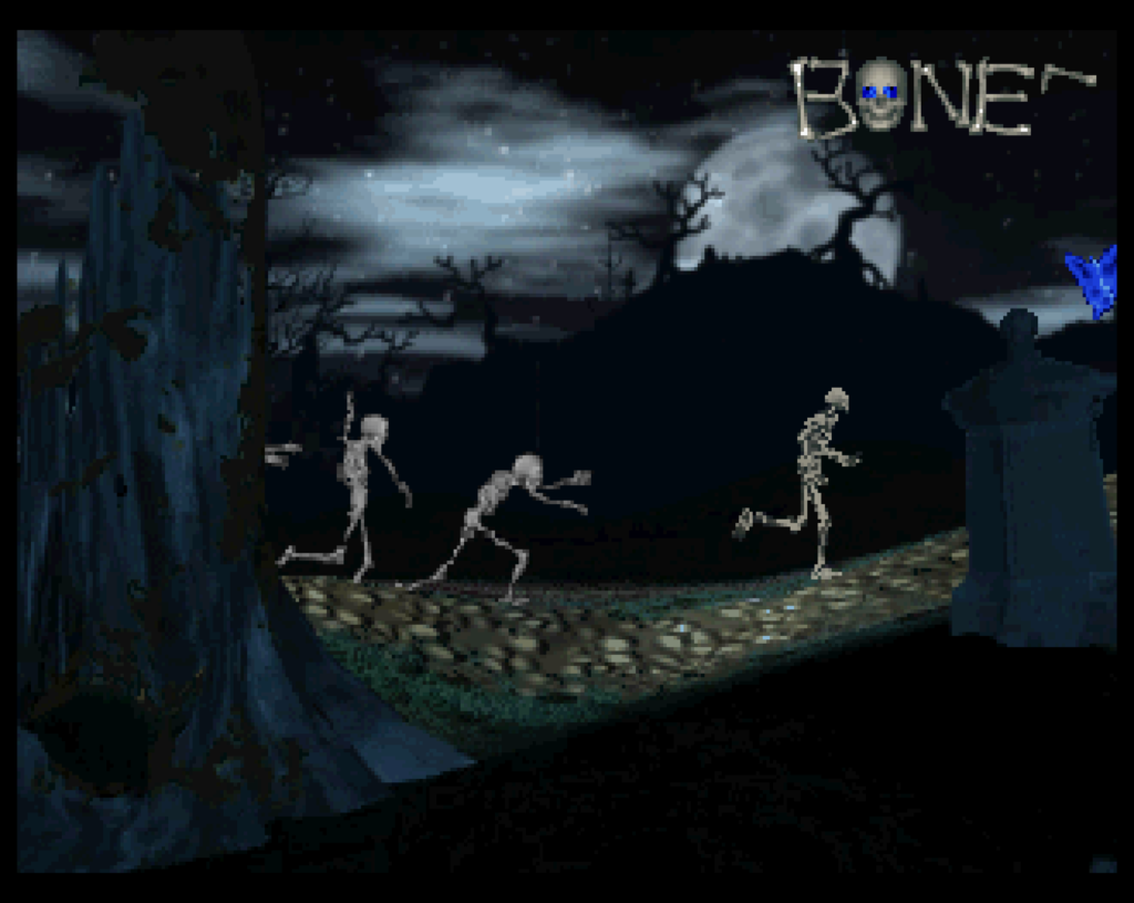 Mr. Bones runs away from skeletons in a cemetery at night.