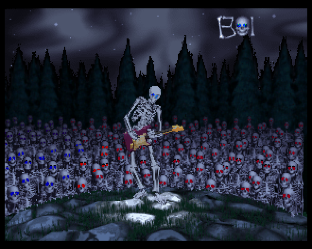 The main character plays guitar to an audience of skeletons.