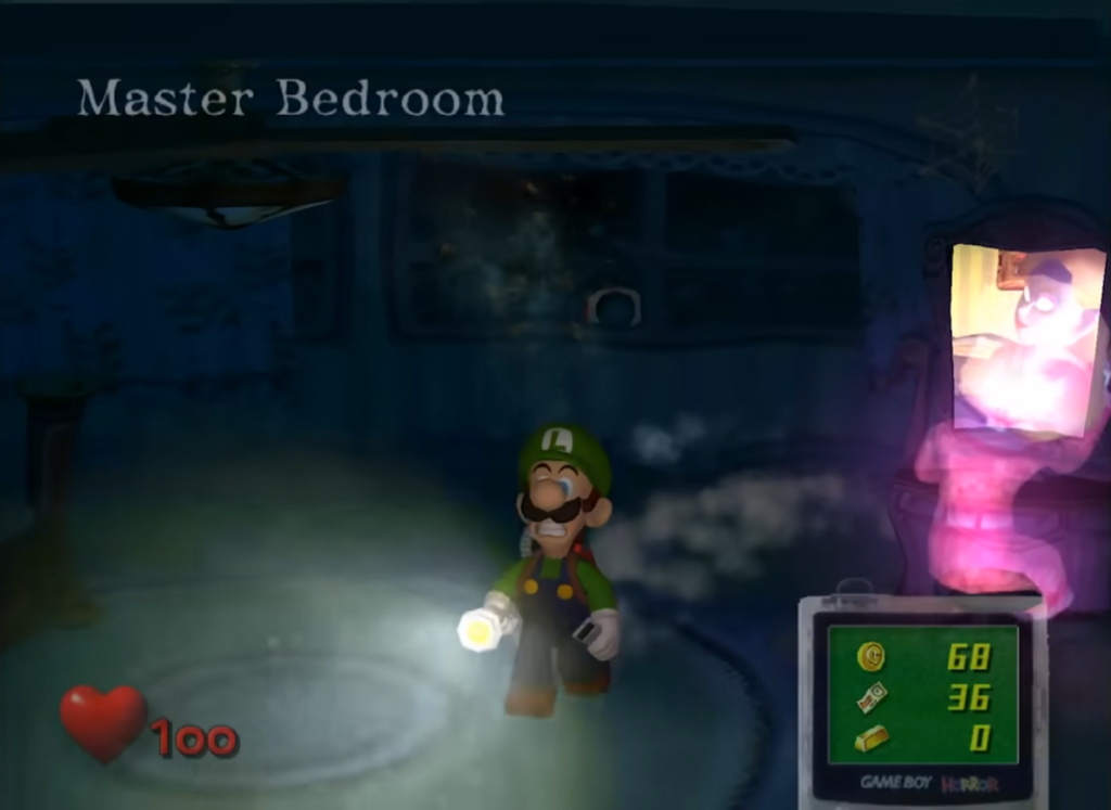 Luigi explores a dark room using his flashlight.