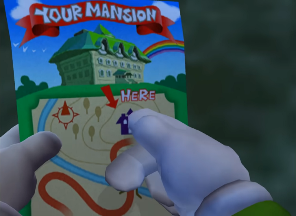 Luigi points at the location of his mansion on a map in the opening video sequence.