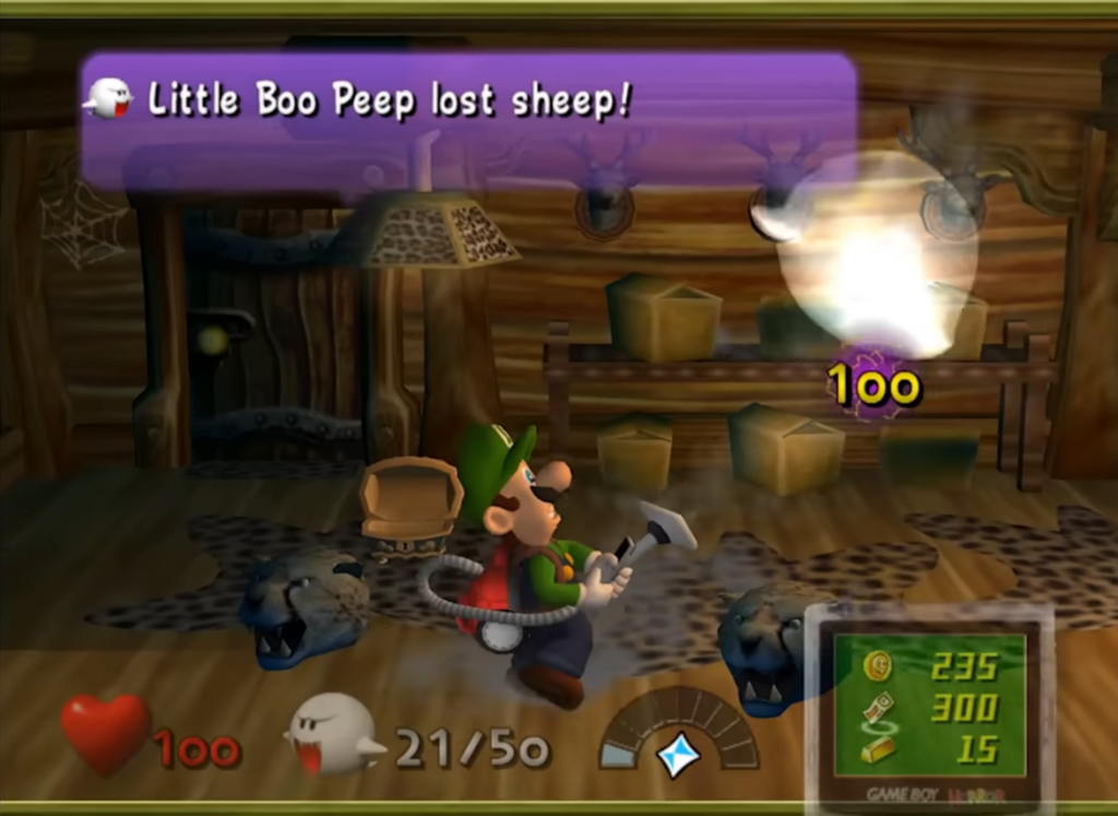 Sucking up a boo in a well lit room using the Poltergust 3000.