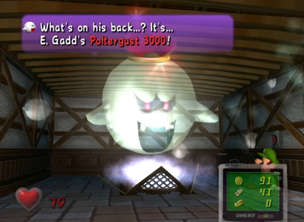 A boss character interacts with Luigi.