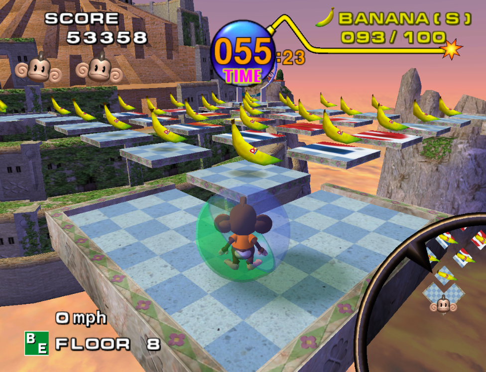 A course with moving platforms and bananas on each of them.