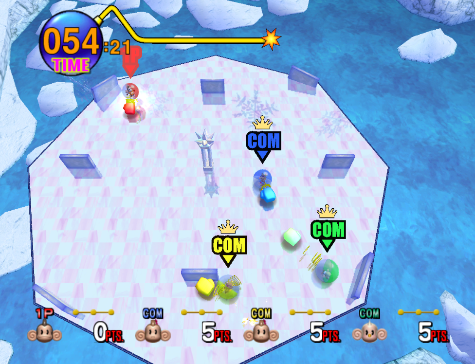 Four players duke it out from an overhead perspective in the monkey fight mini-game.