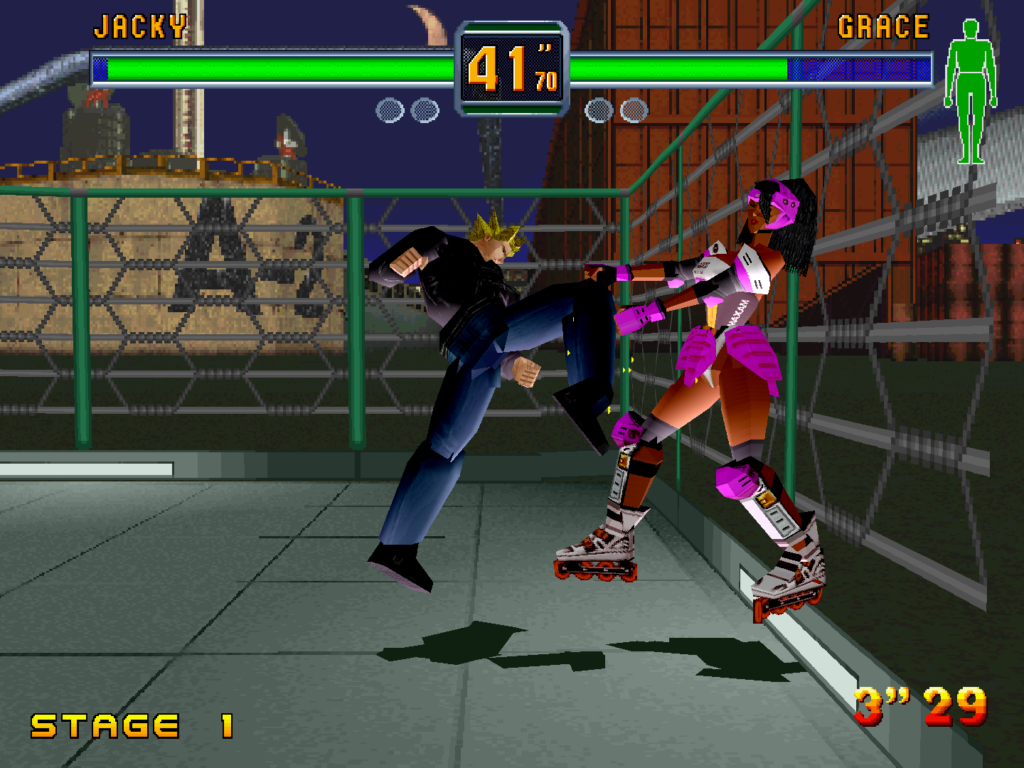 Jackie kicks Grace into a barrier in a Fighting Vipers stage.