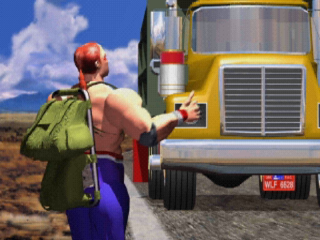 Wolf flags down a semi truck in the opening FMV sequence.