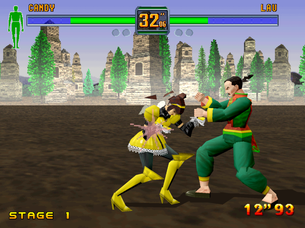 Candy and Lau fight in an open field based on a Virtua Fighter 2 stage.