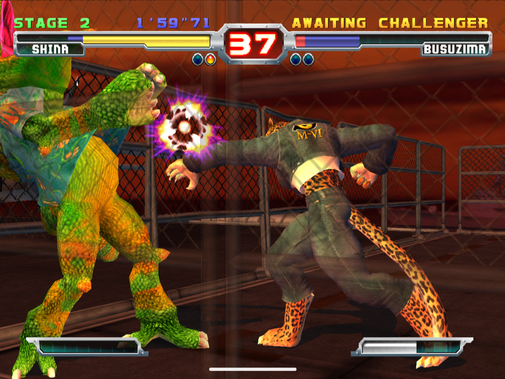 Two transformed characters battle in a stage with the sun setting.