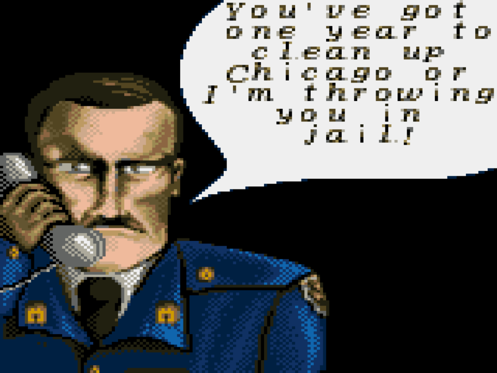 The Police Chief gives Larcen the run-down at the start of the game.