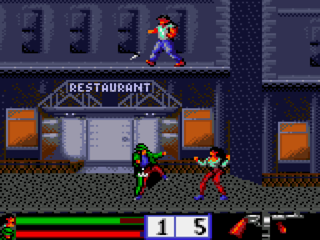 Larcen fights a female opponent in front of a restaurant.