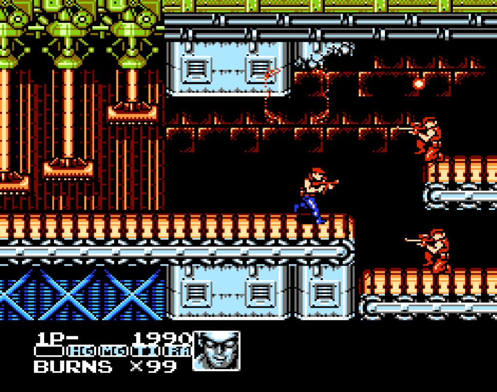 The main character fights enemies in a warehouse area.