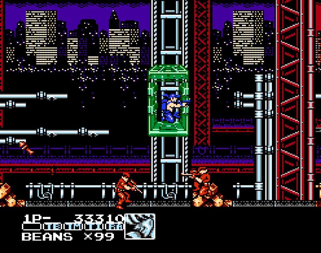 The player fights against enemies with a cityscape at night in the background.
