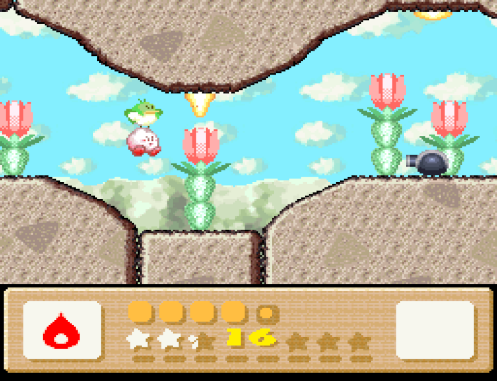 A green bird carries Kirby through an open air cave in a mountain.
