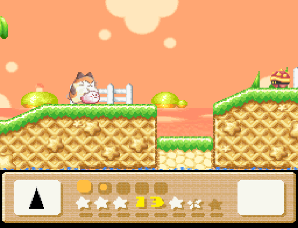 Rick the hamster rolls Kirby on the ground in a level with the sun setting in the background.