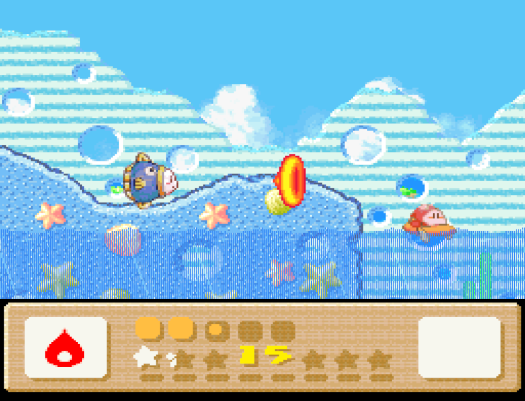 A fish carries Kirby in his mouth on shore in a water based zone.