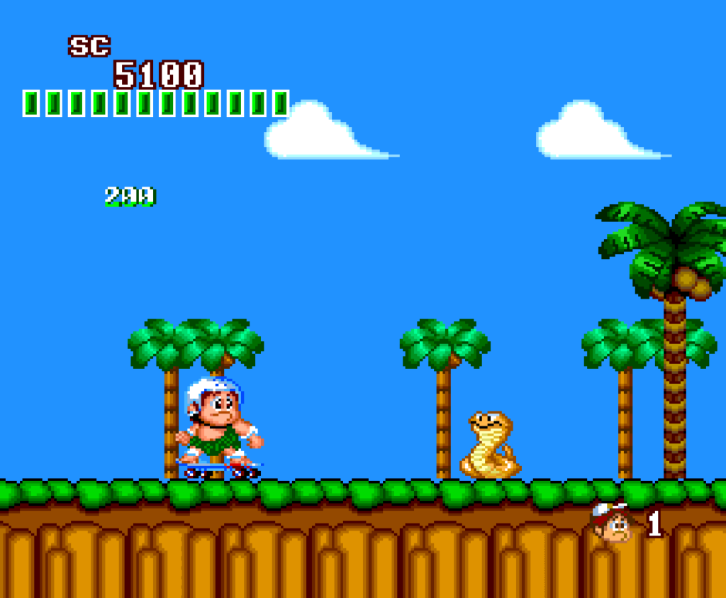 Master Higgins approaches a snake while riding a skateboard in an outdoor area.