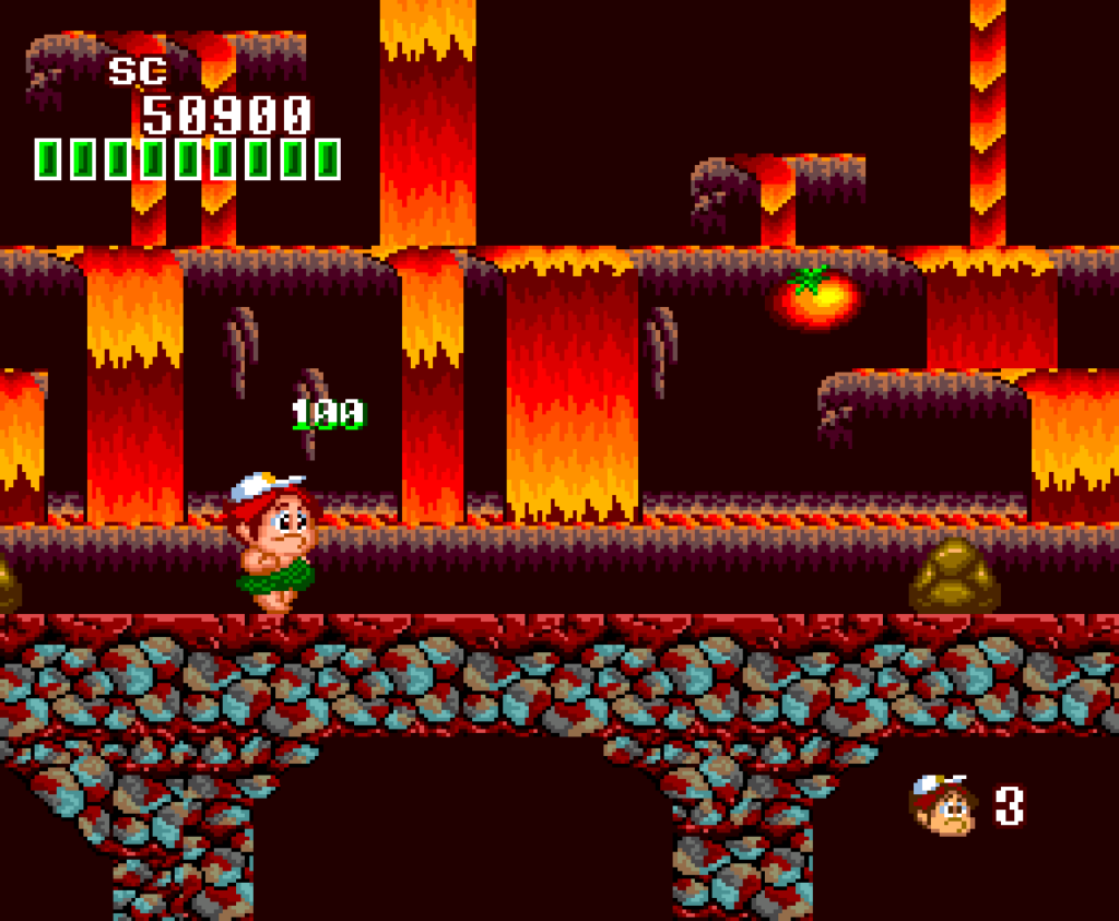 The main character navigates a lava based cave.