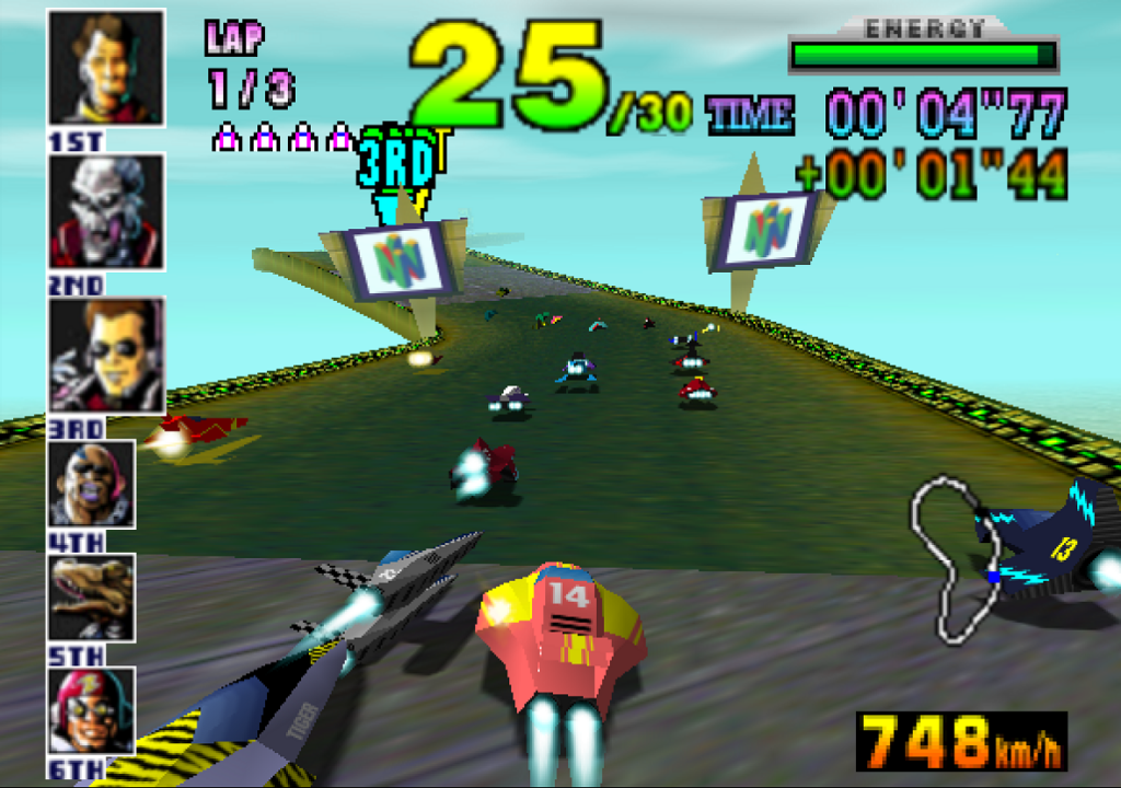 Two hovercars collide with signs depicting the Nintendo 64 logo in the background.